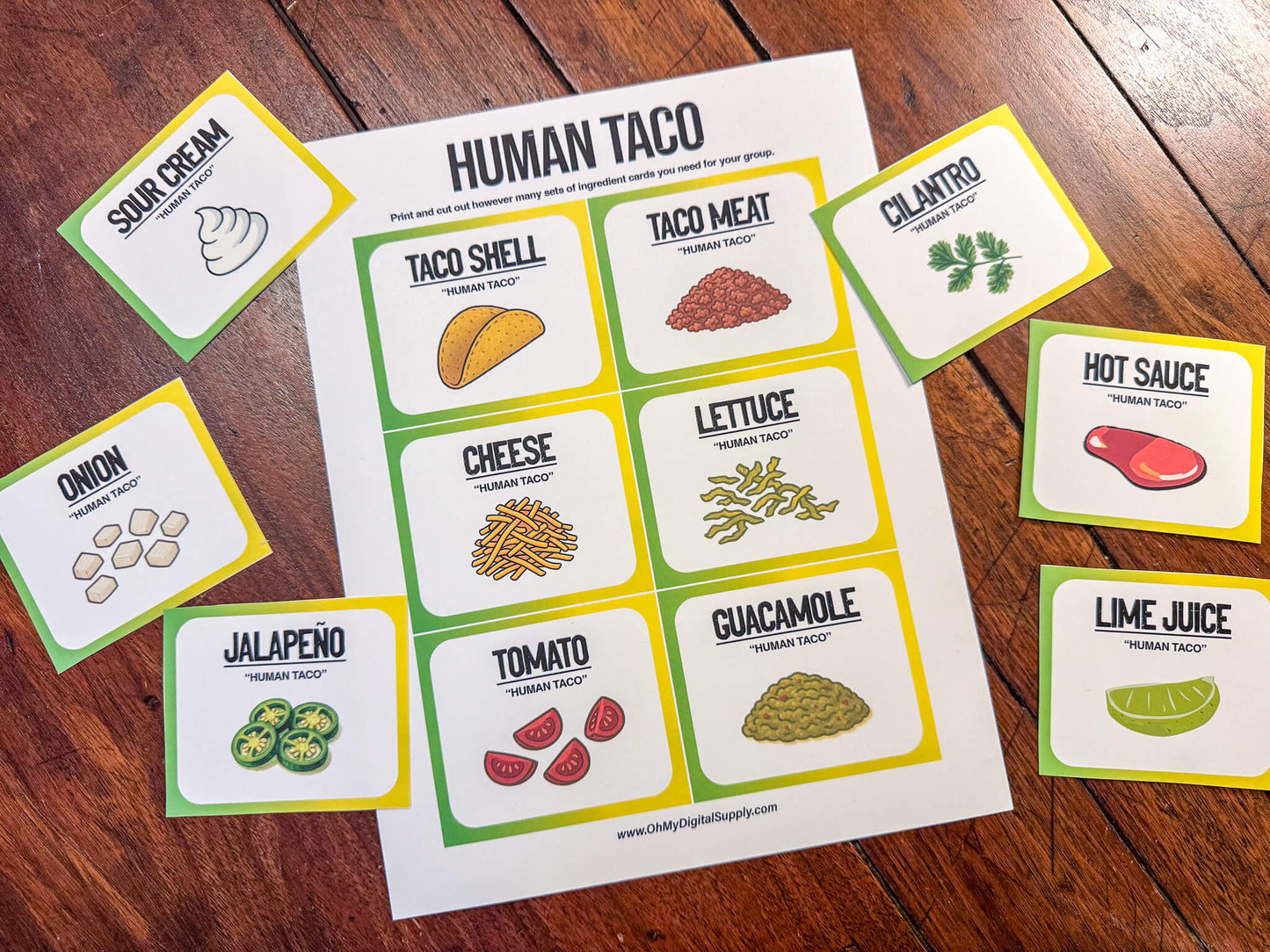 A printable team-building activity and group icebreaker game called Human Taco that includes an instructions sheet and taco ingredient cards that can be cut out. The printable sheets are downloadable PDF files.