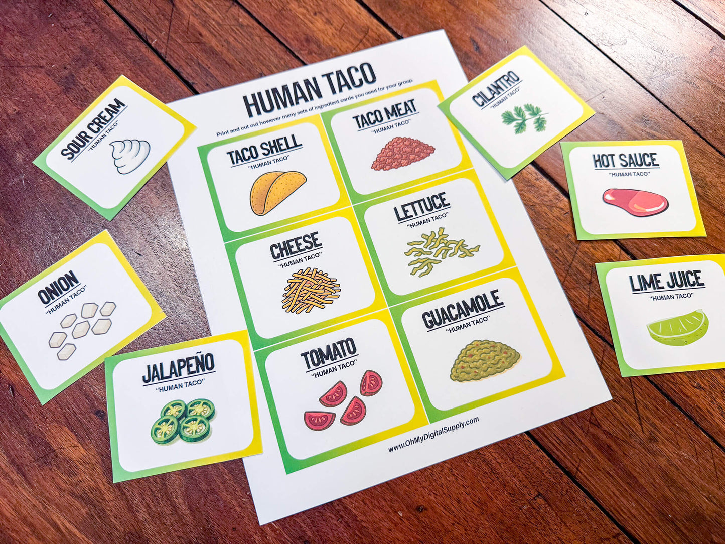 A printable team-building activity and group icebreaker game called Human Taco that includes an instructions sheet and taco ingredient cards that can be cut out. The printable sheets are downloadable PDF files.