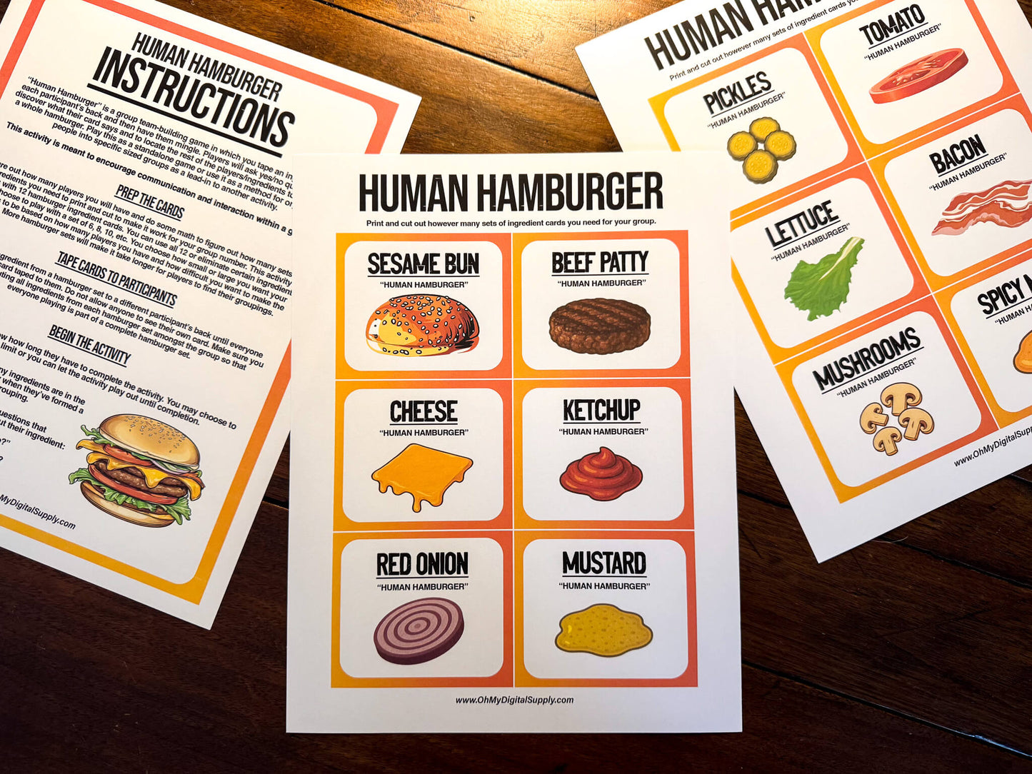 A printable team-building activity and group icebreaker game called Human Hamburger that includes an instructions sheet and hamburger ingredient cards that can be cut out. The printable sheets are downloadable PDF files.