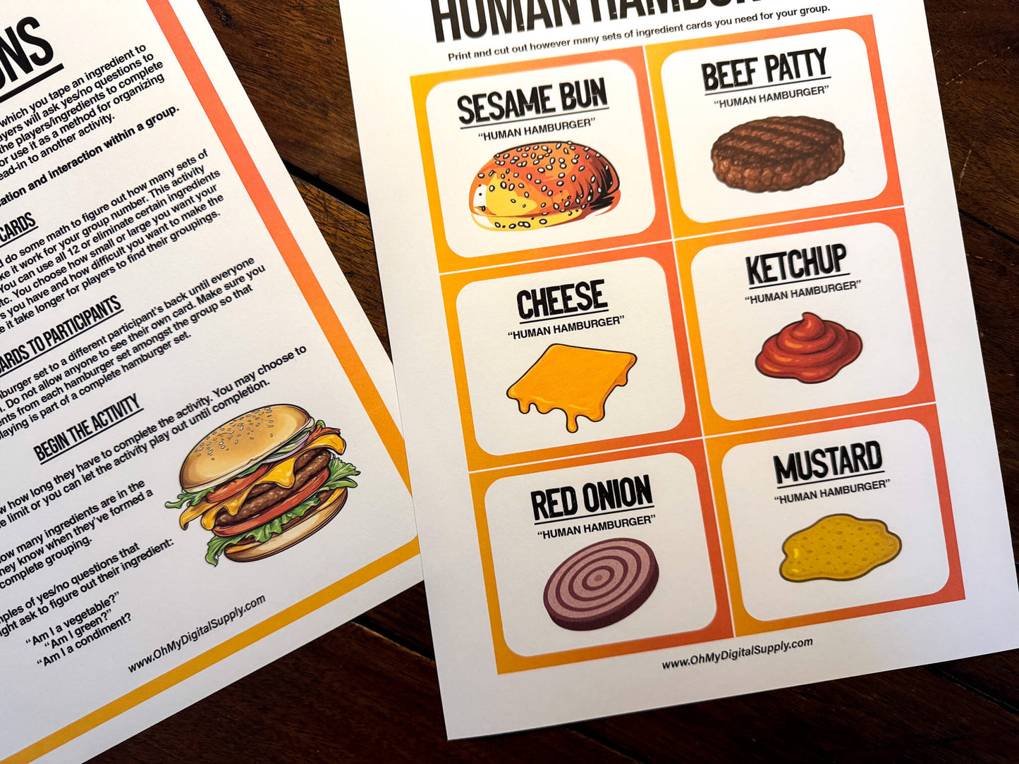 A printable team-building activity and group icebreaker game called Human Hamburger that includes an instructions sheet and hamburger ingredient cards that can be cut out. The printable sheets are downloadable PDF files.