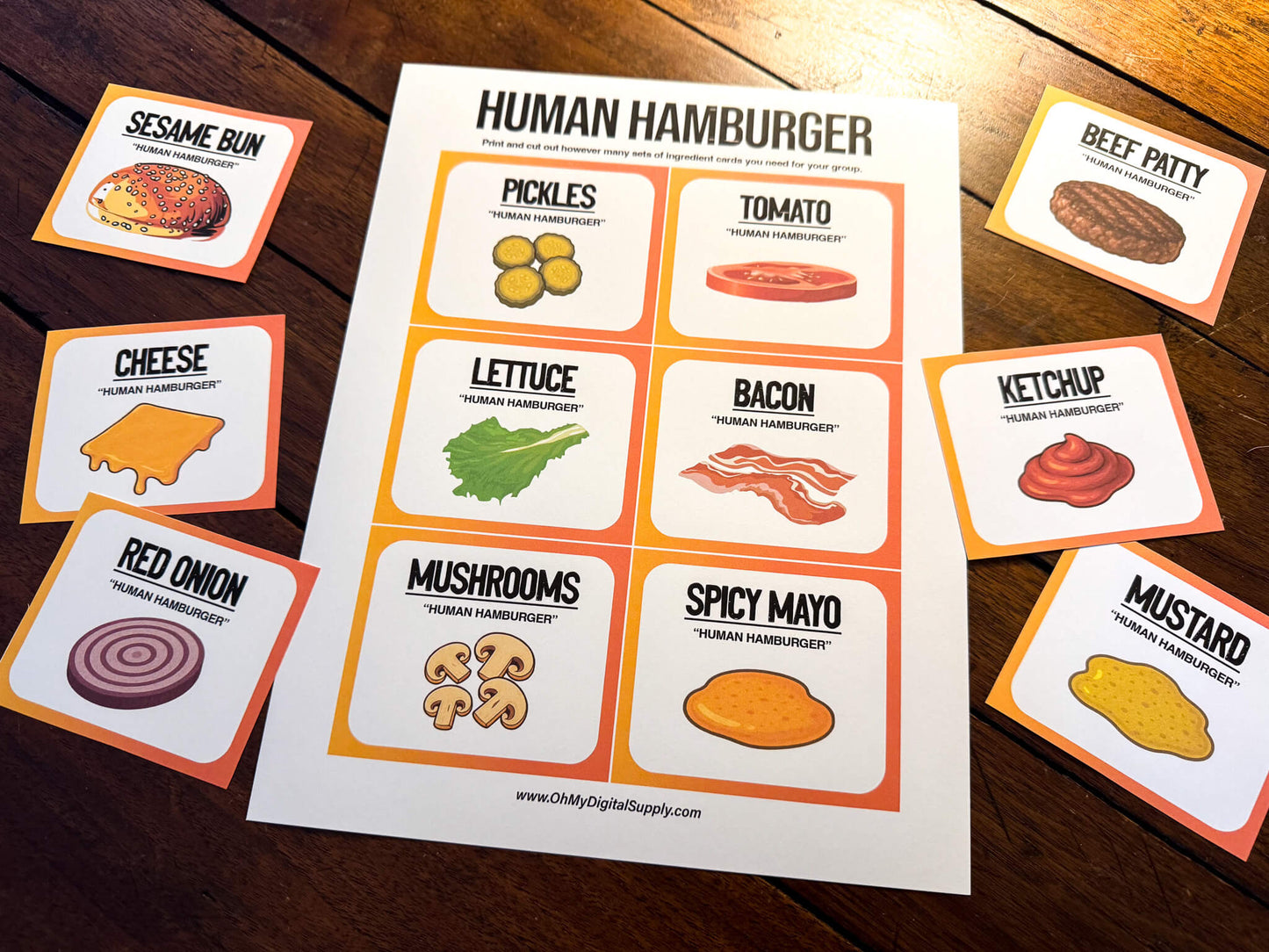 A printable team-building activity and group icebreaker game called Human Hamburger that includes an instructions sheet and hamburger ingredient cards that can be cut out. The printable sheets are downloadable PDF files.