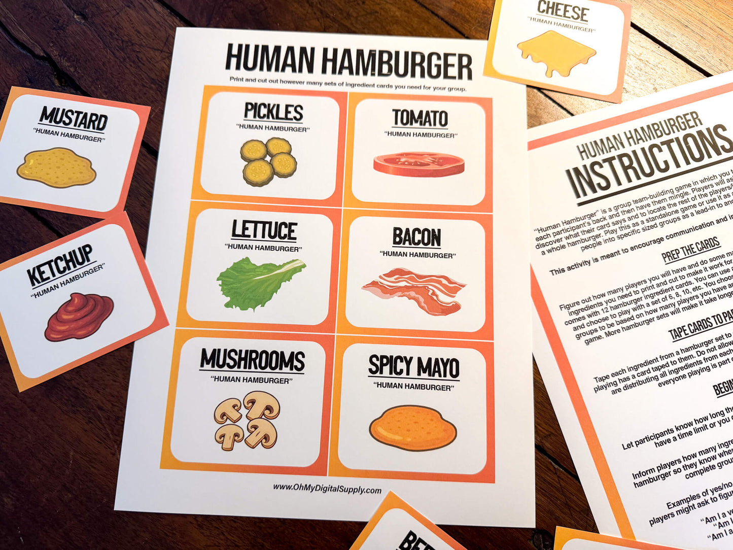 A printable team-building activity and group icebreaker game called Human Hamburger that includes an instructions sheet and hamburger ingredient cards that can be cut out. The printable sheets are downloadable PDF files.