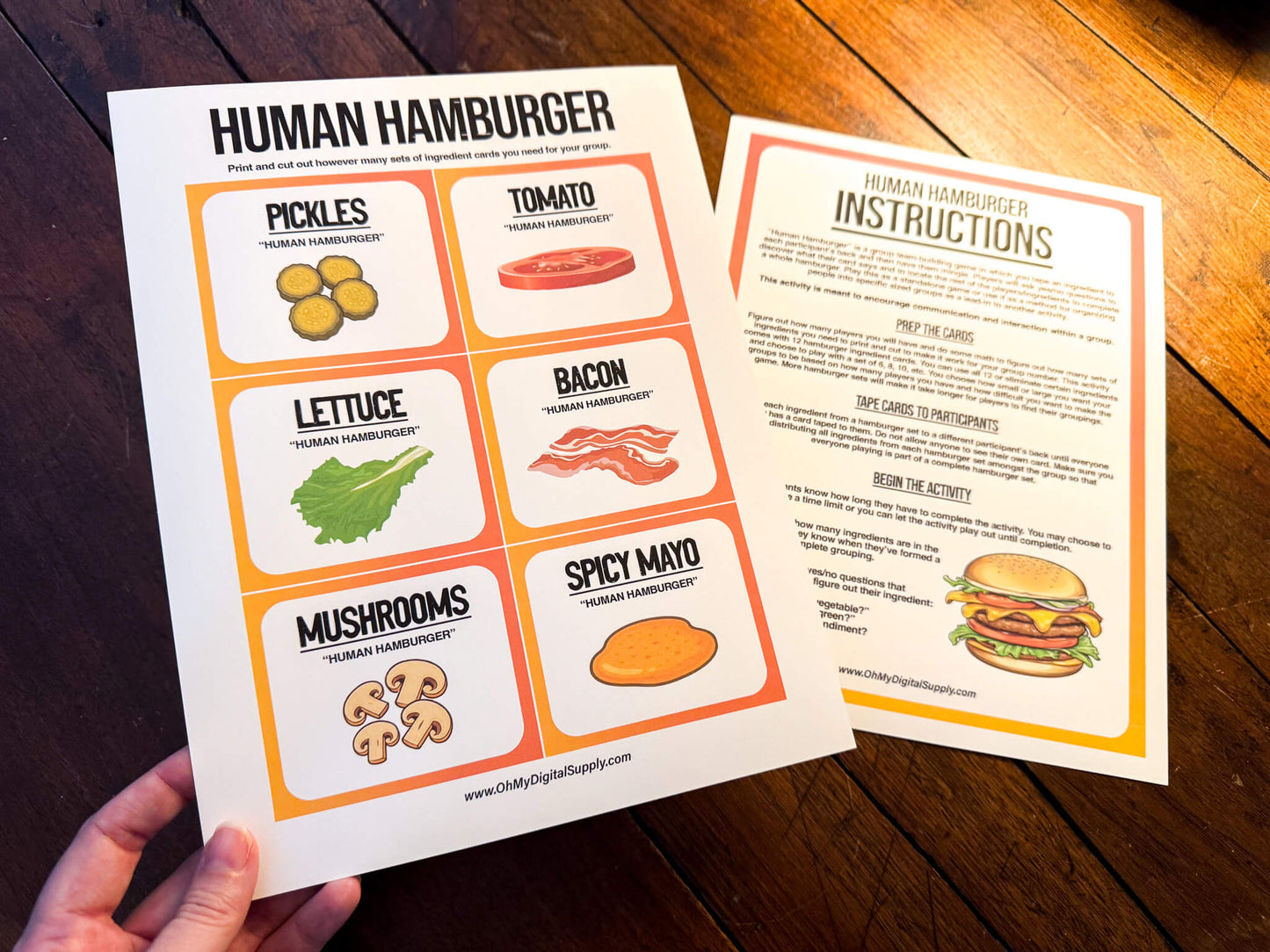 A printable team-building activity and group icebreaker game called Human Hamburger that includes an instructions sheet and hamburger ingredient cards that can be cut out. The printable sheets are downloadable PDF files.