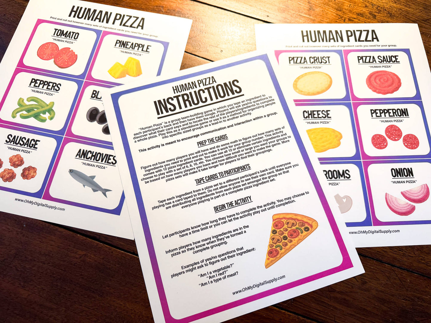 A printable team-building activity and group icebreaker game called Human Pizza that includes an instructions sheet and pizza ingredient cards that can be cut out. The printable sheets are downloadable PDF files.