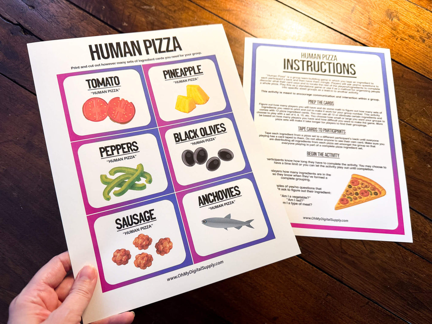 A printable team-building activity and group icebreaker game called Human Pizza that includes an instructions sheet and pizza ingredient cards that can be cut out. The printable sheets are downloadable PDF files.
