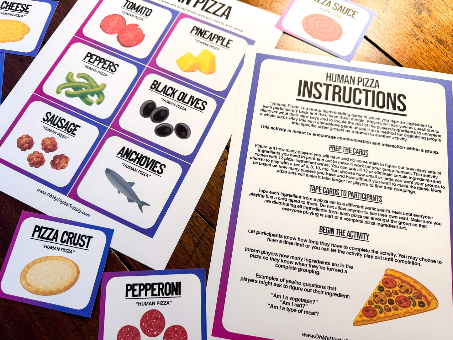 A printable team-building activity and group icebreaker game called Human Pizza that includes an instructions sheet and pizza ingredient cards that can be cut out. The printable sheets are downloadable PDF files.