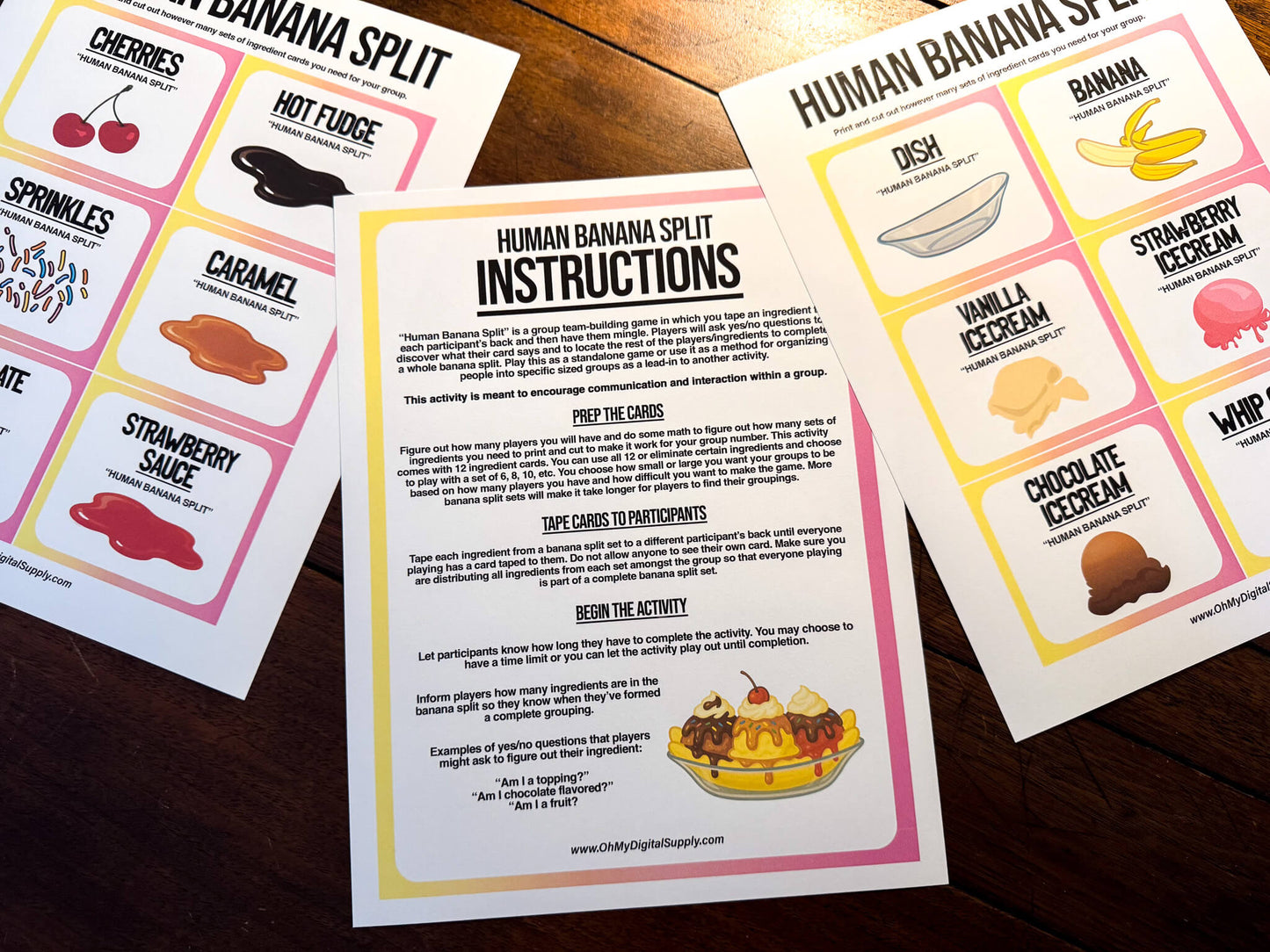 A printable team-building activity and group icebreaker game called Human Banana Split that includes an instructions sheet and banana split ingredient cards that can be cut out. The printable sheets are downloadable PDF files.