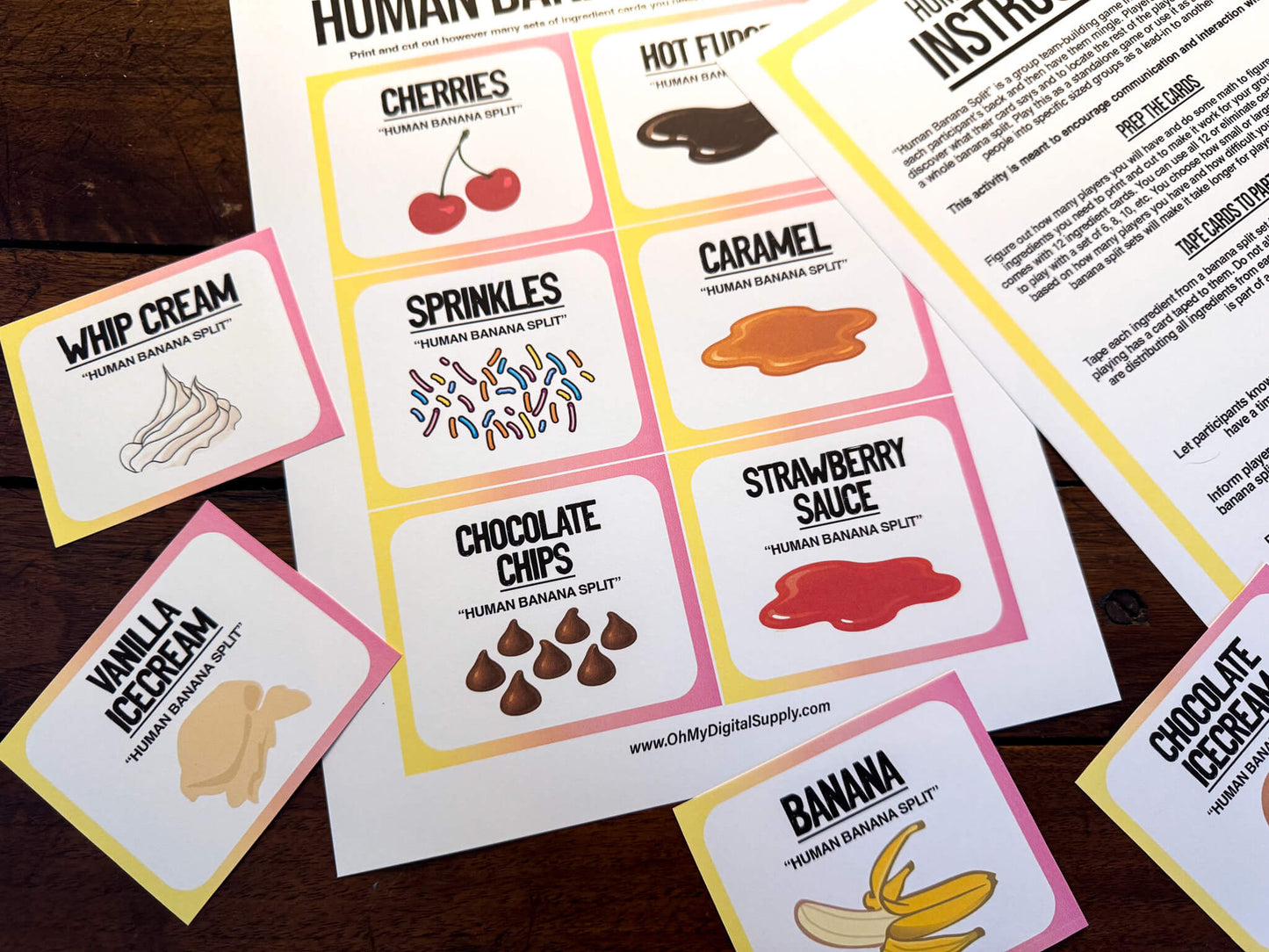A printable team-building activity and group icebreaker game called Human Banana Split that includes an instructions sheet and banana split ingredient cards that can be cut out. The printable sheets are downloadable PDF files.