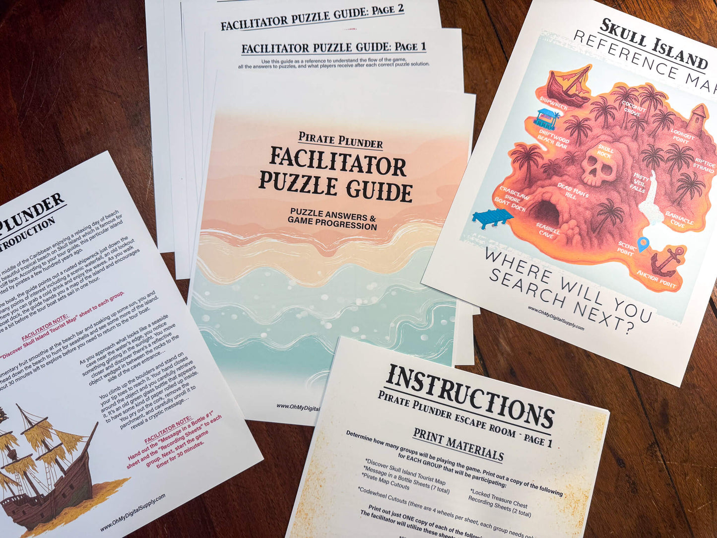 A printable group escape room game called Pirate Plunder. This tropical island themed team building activity involves 7 puzzles with a final lock combination that must be solved in order to unlock the pirate treasure.