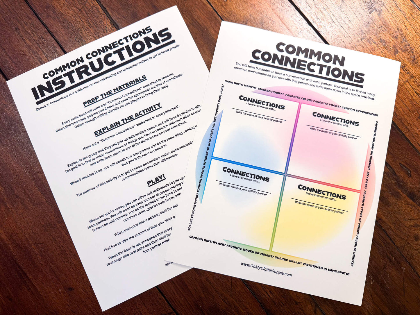 Common Connections one-on-one icebreaker activity and team-building game printable worksheet and instructions.