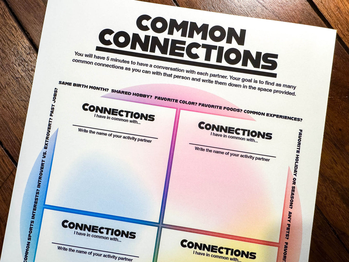 Common Connections one-on-one icebreaker activity and team-building game printable worksheet and instructions.