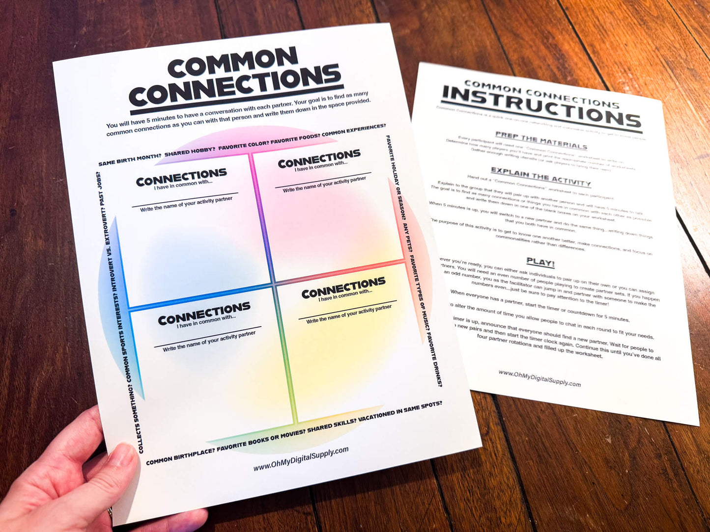 Common Connections one-on-one icebreaker activity and team-building game printable worksheet and instructions.
