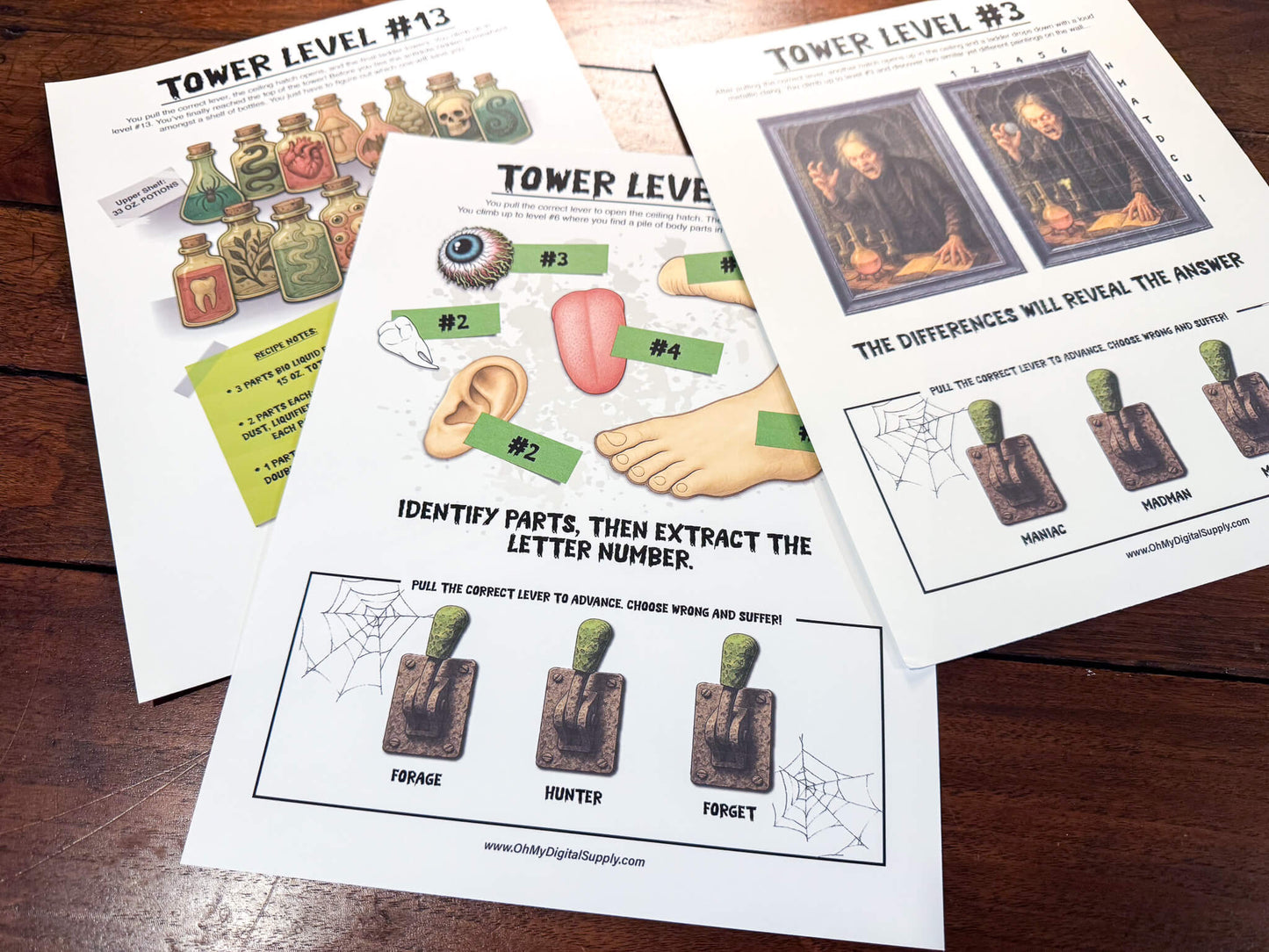 A printable Halloween horror Escape Room game called Tower of Terror for group team-building or playing as an icebreaker game. Various printable PDF sheets with puzzles, props, read-aloud story sheets, and facilitator instructions and guide.