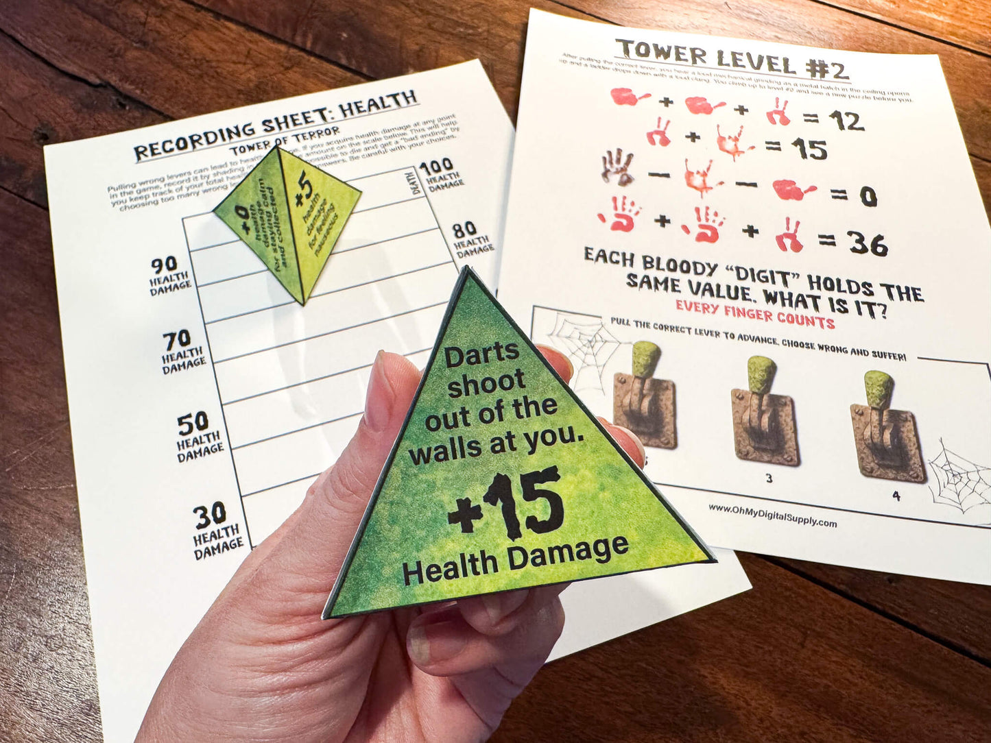A printable Halloween horror Escape Room game called Tower of Terror for group team-building or playing as an icebreaker game. Various printable PDF sheets with puzzles, props, read-aloud story sheets, and facilitator instructions and guide.