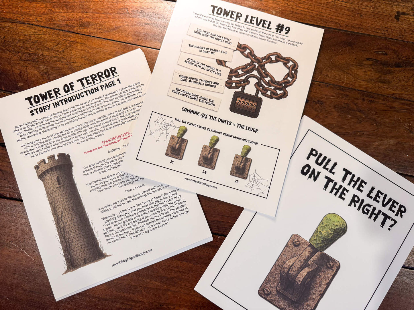 A printable Halloween horror Escape Room game called Tower of Terror for group team-building or playing as an icebreaker game. Various printable PDF sheets with puzzles, props, read-aloud story sheets, and facilitator instructions and guide.