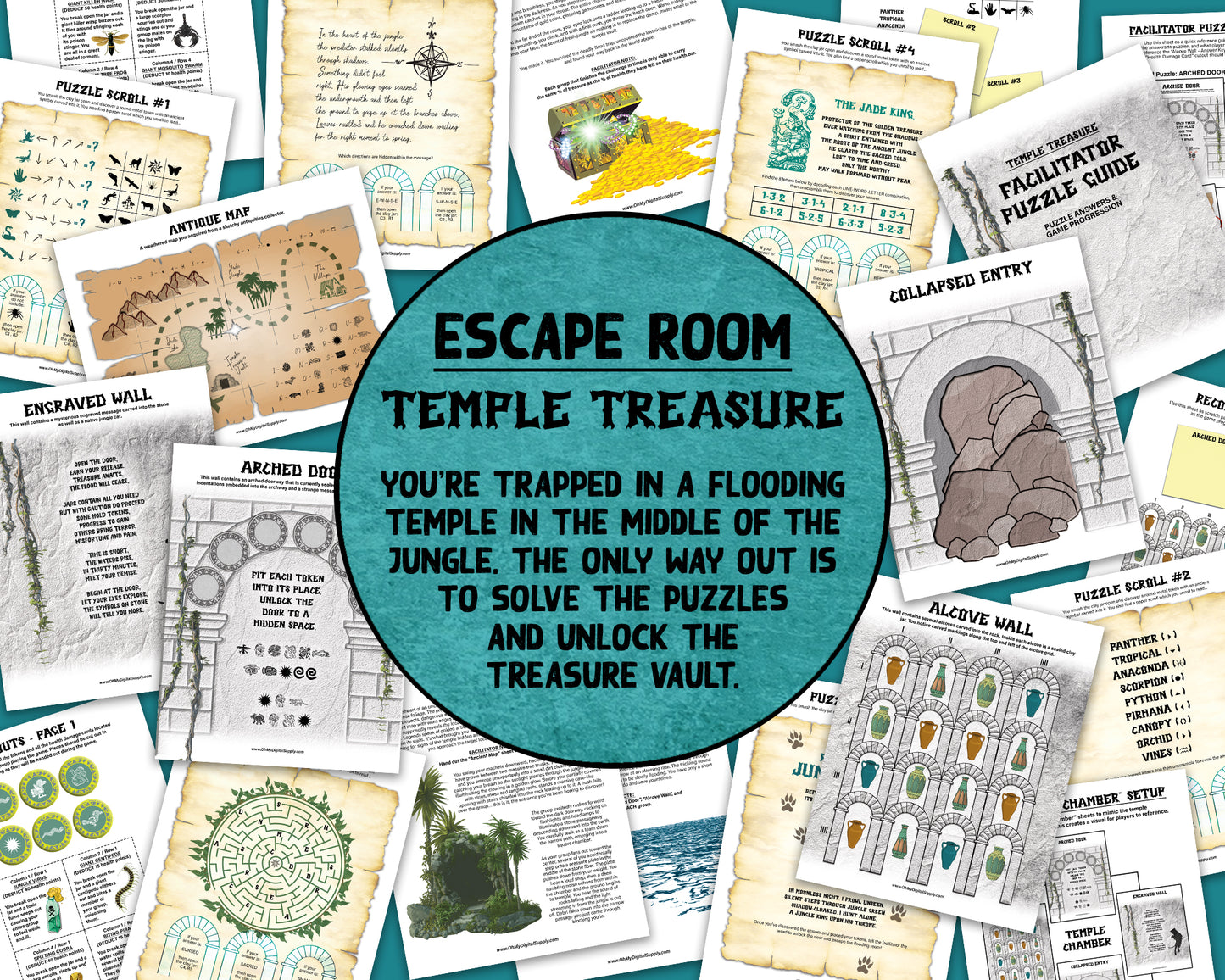 Temple Treasure Escape Room printable game. Play as a team building activity, icebreaker challenge, or group puzzle challenge. A jungle themed group party game.