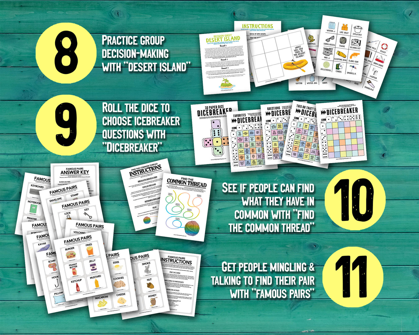 Team Building Bundle. Collage of 7 different team building activities including Wellness Bingo, Find Someone Who Bingo, Workplace Scavenger Hunt, 2 Truths and a Lie, Decision Quest: Fallout Shelter, Paper Telephone, and Bingo for the Workplace.