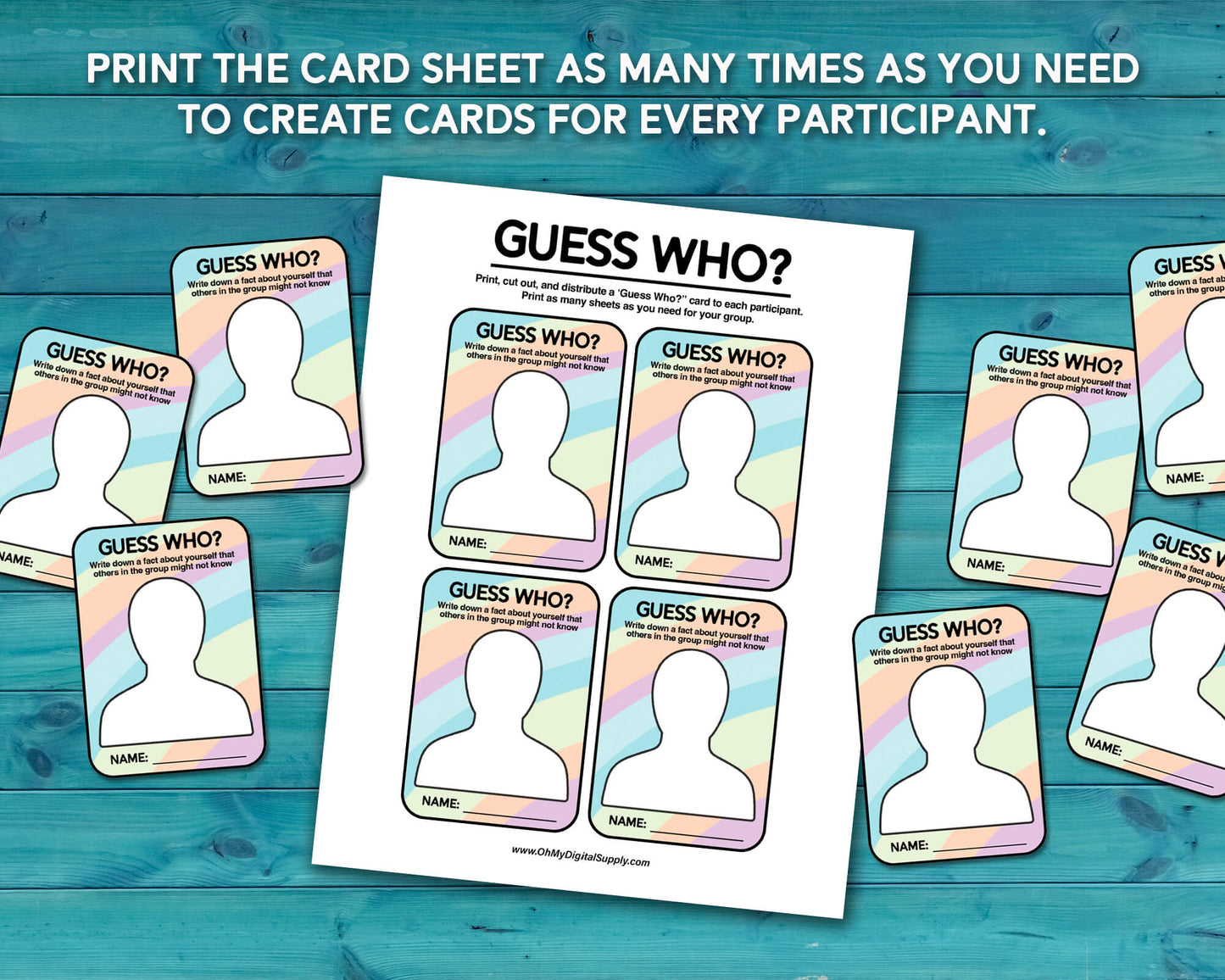 Guess Who? Group team-building activity and icebreaker gamer in a downloadable PDF format. The game has a sheet with card cutouts and a sheet with instructions on how to play.