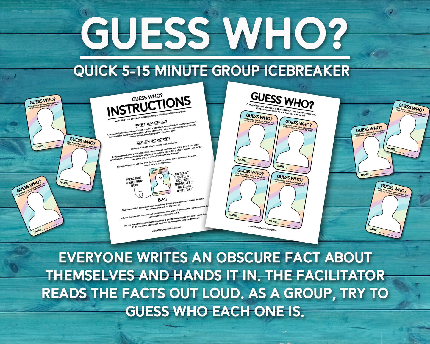 Guess Who? Group team-building activity and icebreaker gamer in a downloadable PDF format. The game has a sheet with card cutouts and a sheet with instructions on how to play.
