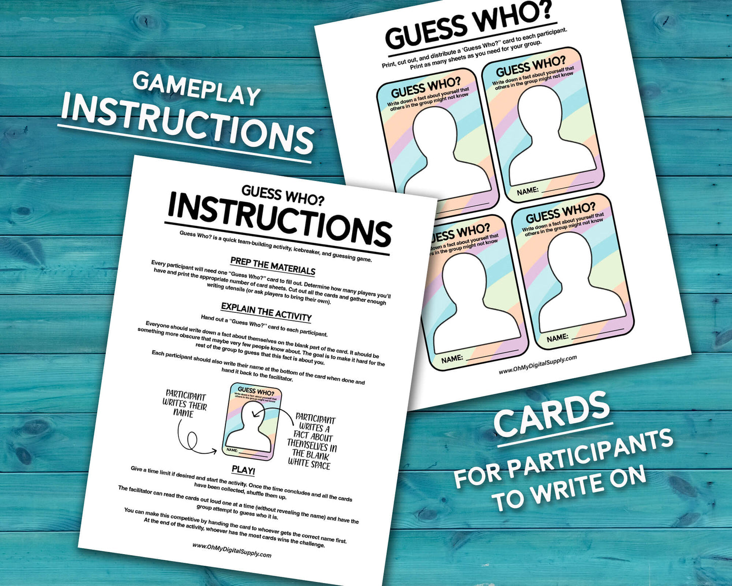 Guess Who? Group team-building activity and icebreaker gamer in a downloadable PDF format. The game has a sheet with card cutouts and a sheet with instructions on how to play.