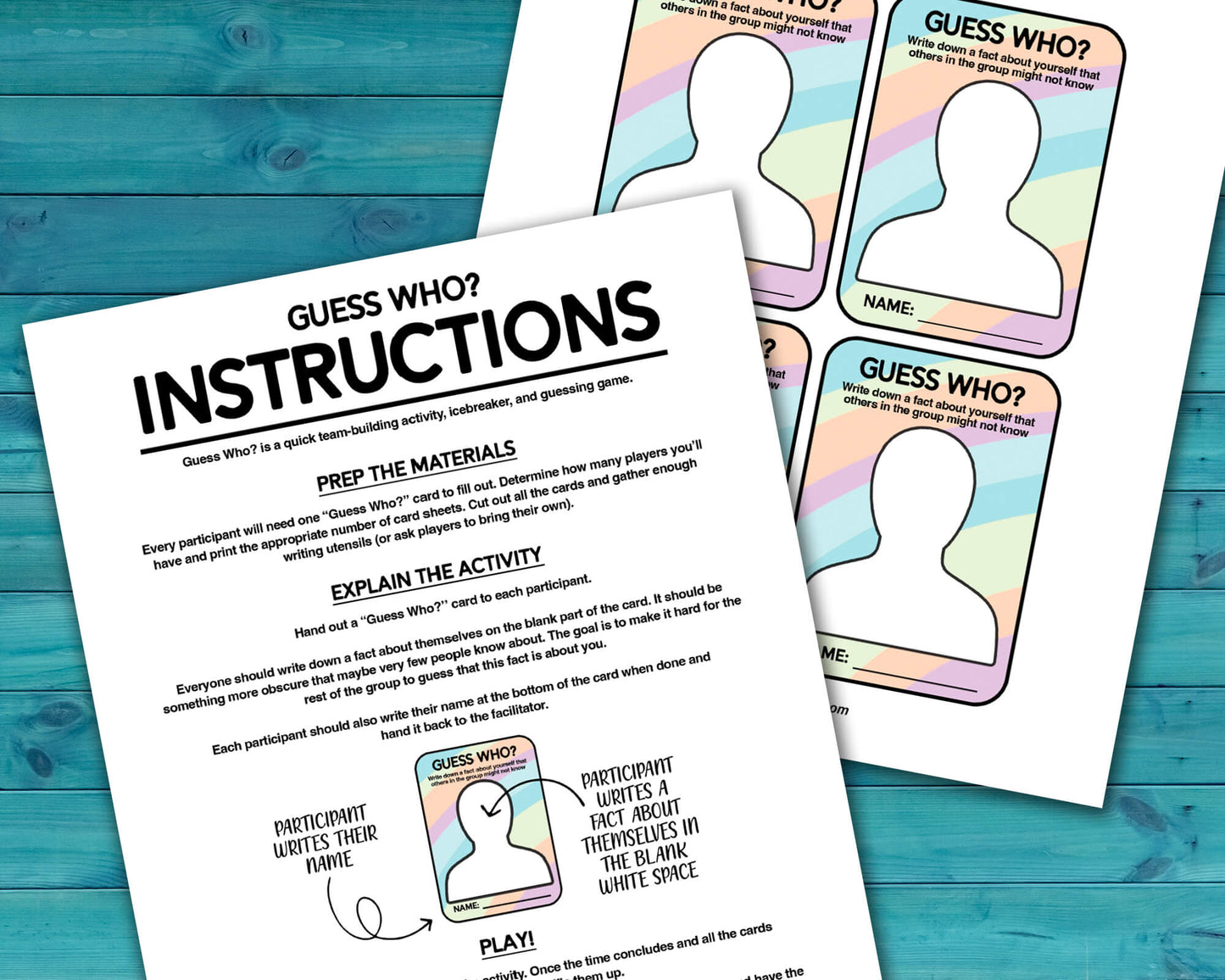 Guess Who? Group team-building activity and icebreaker gamer in a downloadable PDF format. The game has a sheet with card cutouts and a sheet with instructions on how to play.