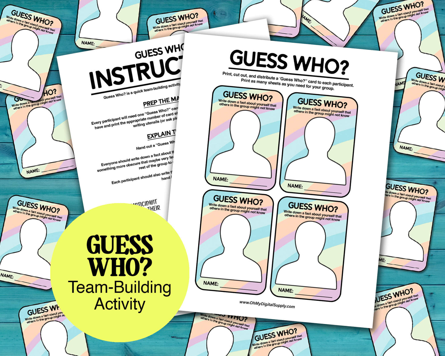 Guess Who? Group team-building activity and icebreaker gamer in a downloadable PDF format. The game has a sheet with card cutouts and a sheet with instructions on how to play.