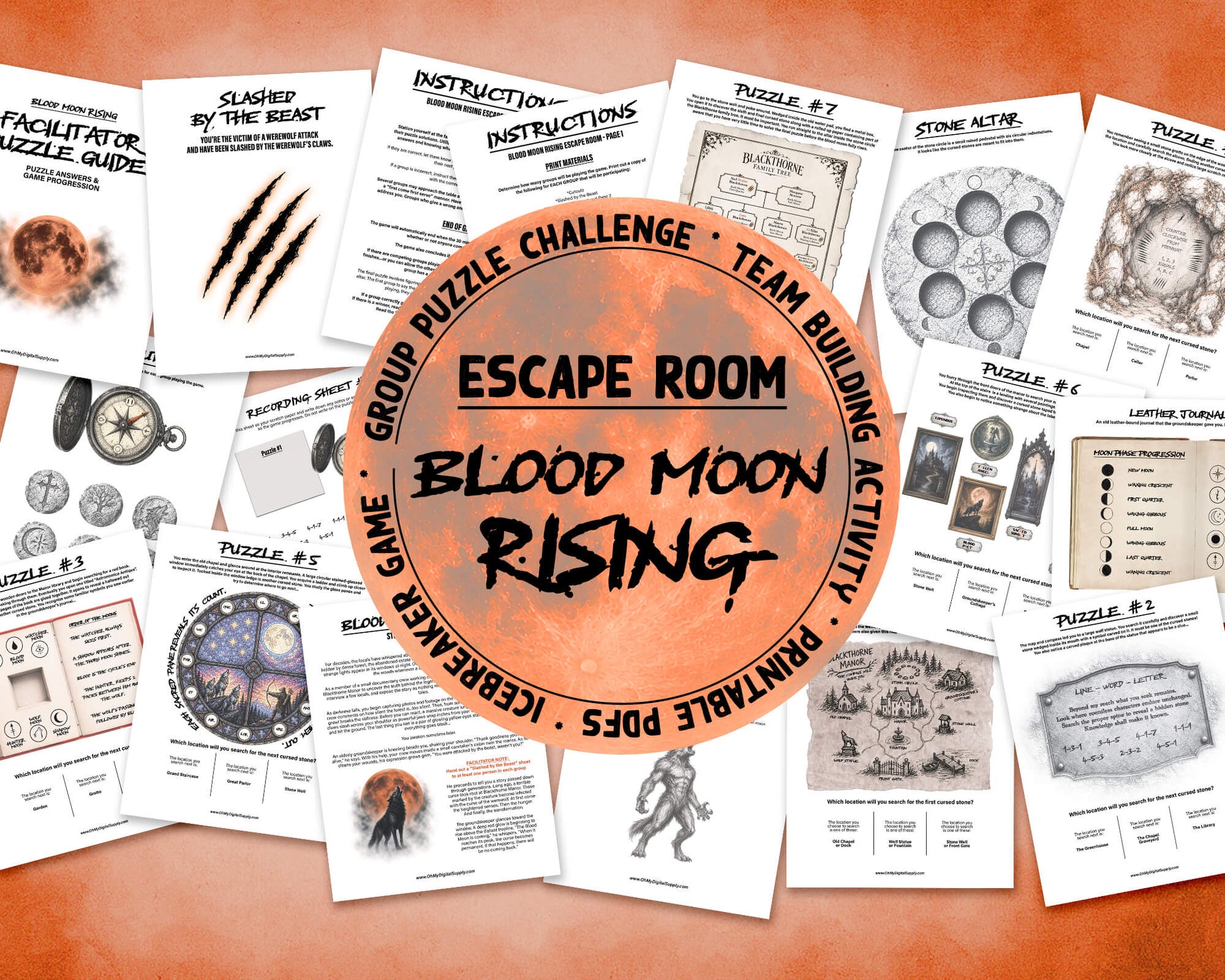 A printable Halloween escape room game called Blood Moon Rising with various puzzle sheets, story sheets, instructions, and facilitator guide all in printable PDF format. A 30 minute group activity for team-building or use as an icebreaker game.