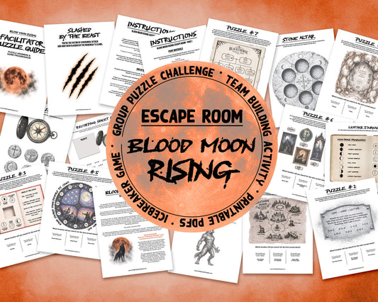 A printable Halloween escape room game called Blood Moon Rising with various puzzle sheets, story sheets, instructions, and facilitator guide all in printable PDF format. A 30 minute group activity for team-building or use as an icebreaker game.