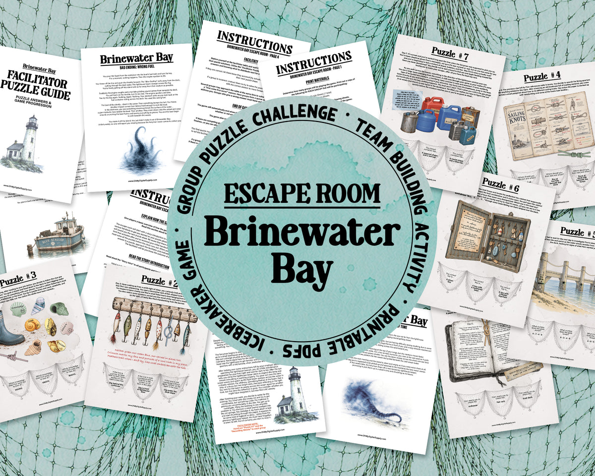 A printable escape room puzzle game called Brinewater Bay with various puzzle sheets, story sheets, instructions, and facilitator guide all in printable PDF format. A 30 minute group activity for team-building or use as an icebreaker game.