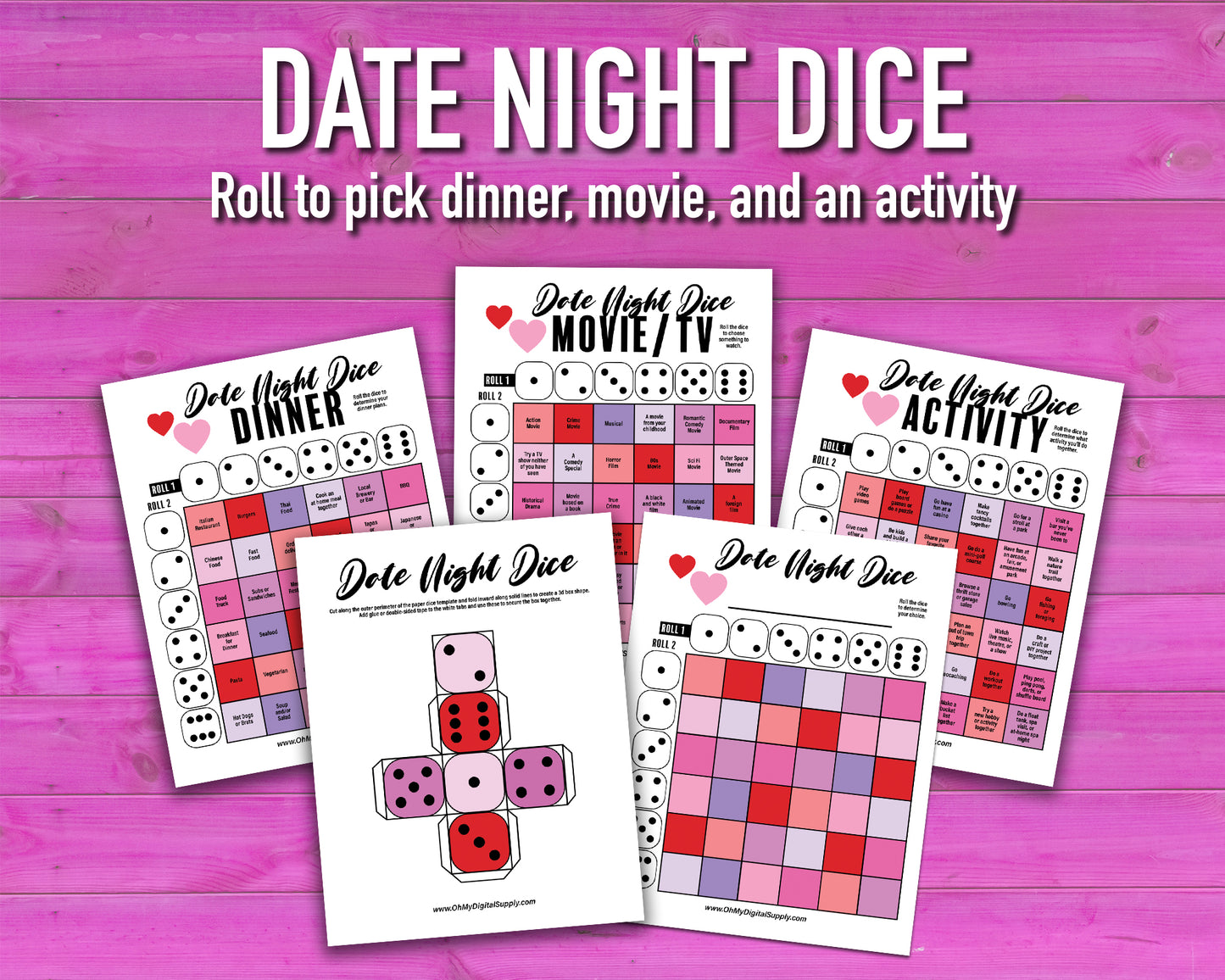 Date Night Dice printable activity where you roll a 3D paper dice to choose dinner, a movie, and an activity for date night.