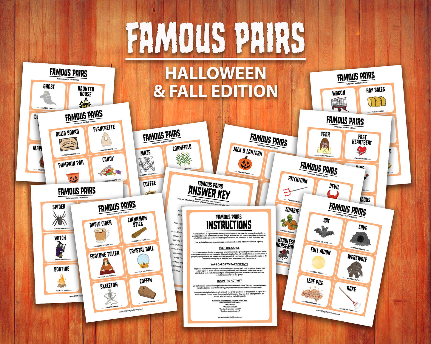 Famous Pairs Halloween & Fall group team building game and icebreaker activity. A digital PDF download containing instructions to play the game and Famous Pairs cards.