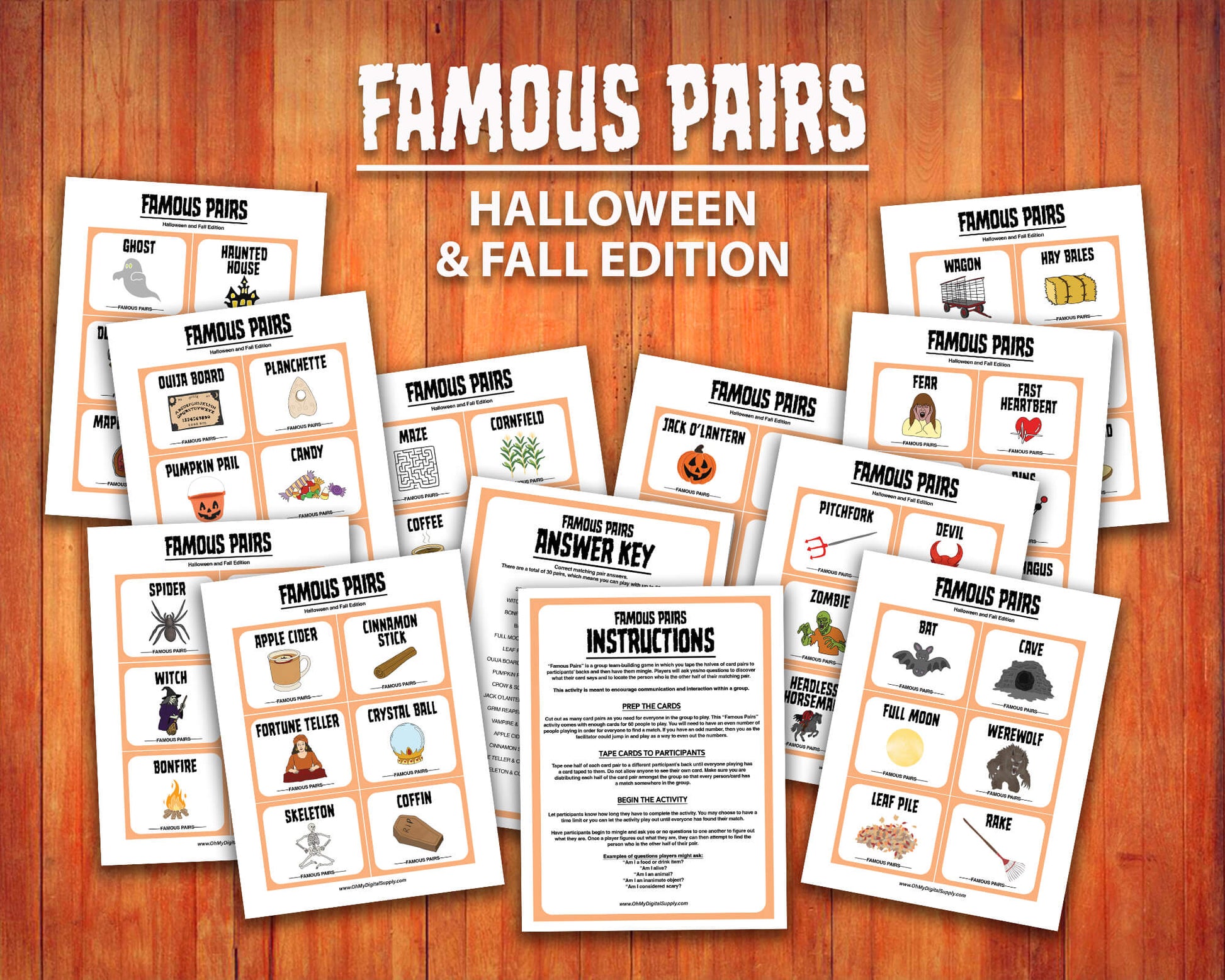 Famous Pairs Halloween & Fall group team building game and icebreaker activity. A digital PDF download containing instructions to play the game and Famous Pairs cards.