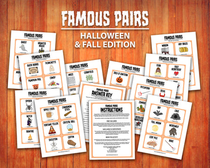 Famous Pairs Halloween & Fall group team building game and icebreaker activity. A digital PDF download containing instructions to play the game and Famous Pairs cards.