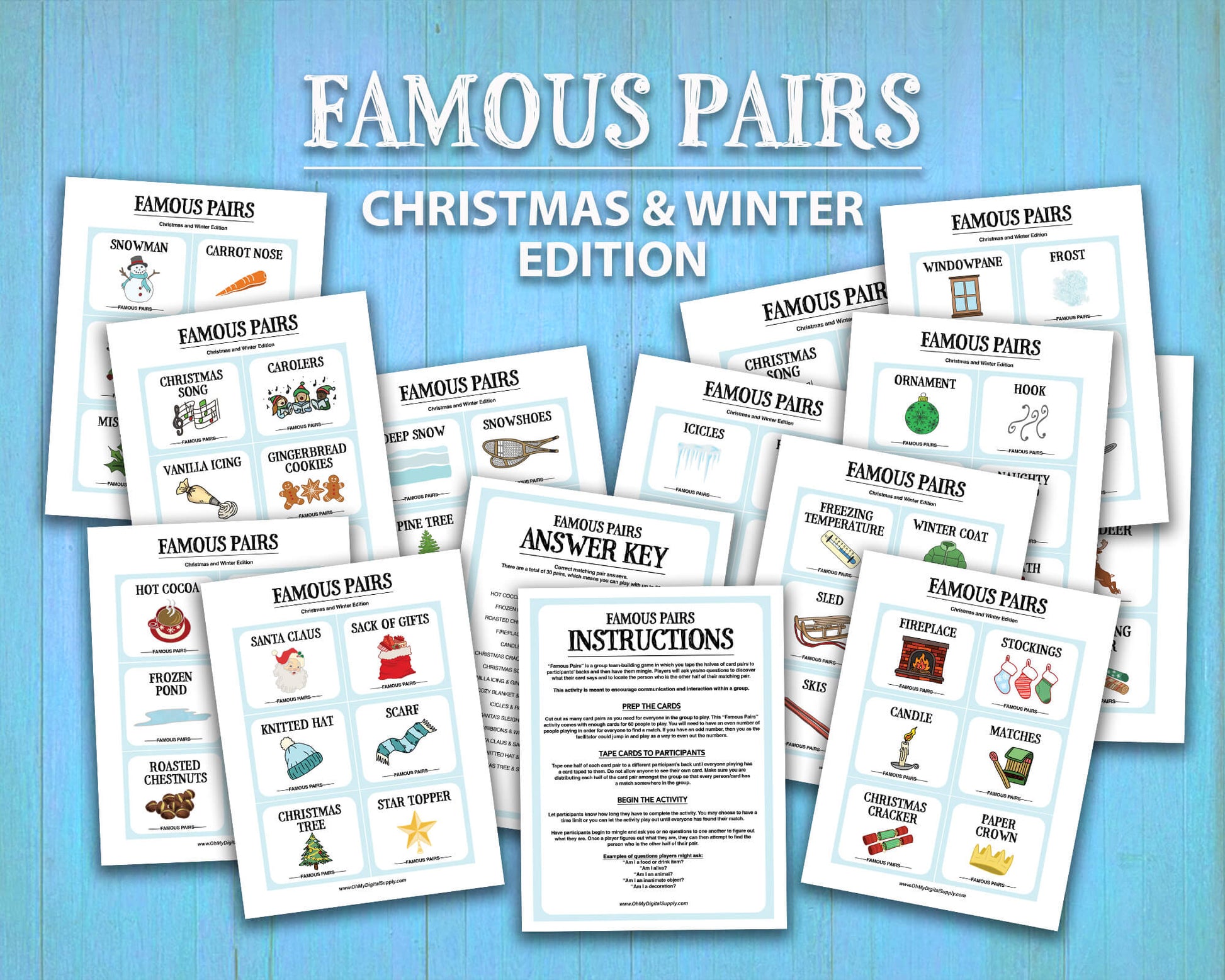 Famous Pairs Christmas & Winter group team building game and icebreaker activity. A digital PDF download containing instructions to play the game and Famous Pairs cards.