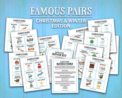 Famous Pairs Christmas & Winter group team building game and icebreaker activity. A digital PDF download containing instructions to play the game and Famous Pairs cards.