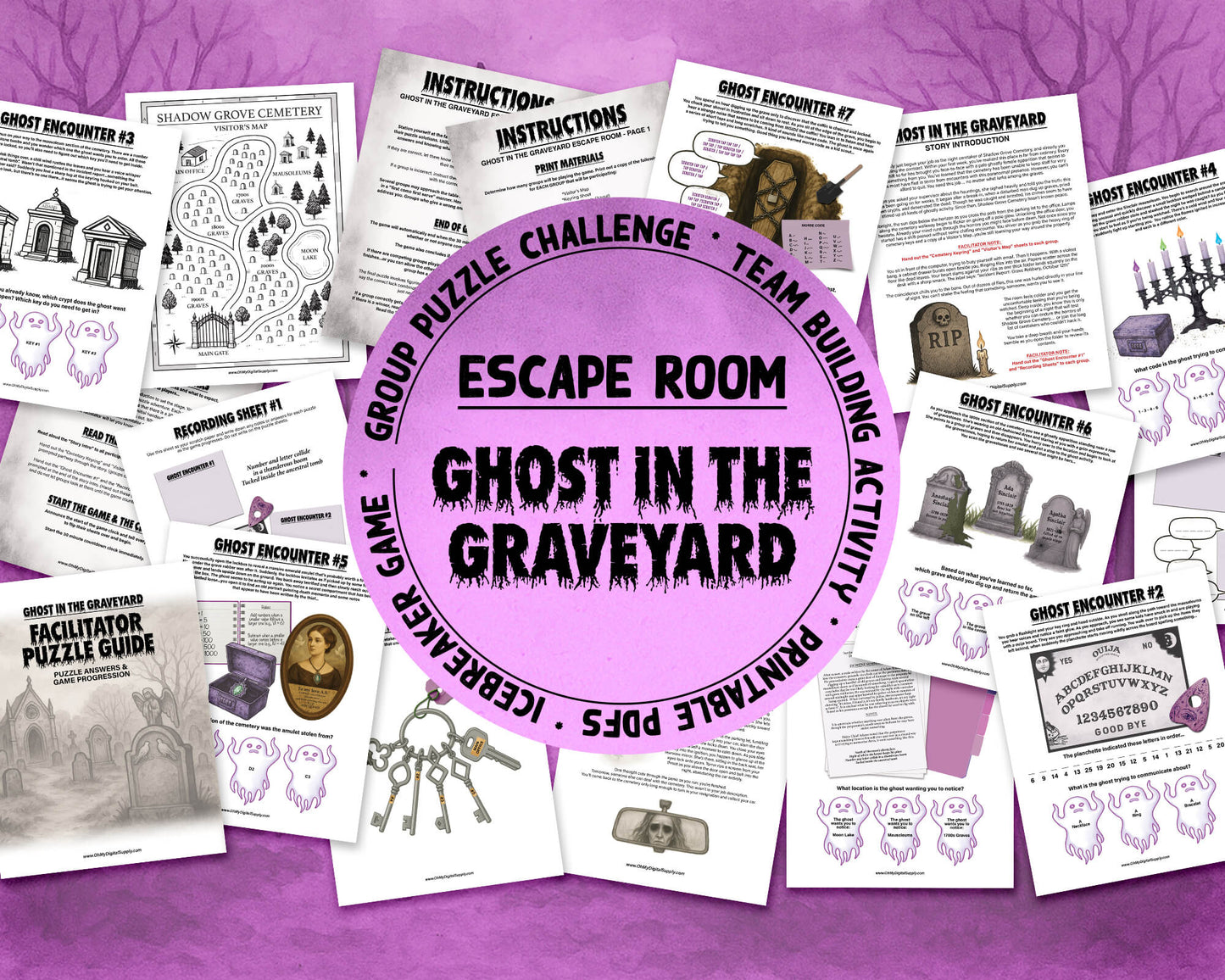 A printable Halloween escape room game called Ghost in the Graveyard with various puzzle sheets, story sheets, cemetery map, instructions, and facilitator guide all in printable PDF format. A 30 minute group activity for team-building or use as an icebreaker game.