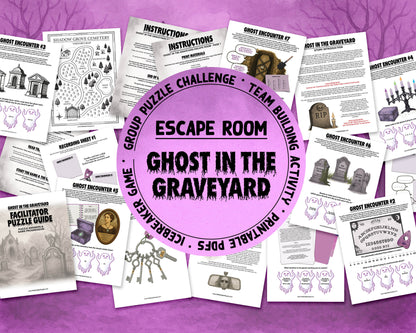 A printable Halloween escape room game called Ghost in the Graveyard with various puzzle sheets, story sheets, cemetery map, instructions, and facilitator guide all in printable PDF format. A 30 minute group activity for team-building or use as an icebreaker game.