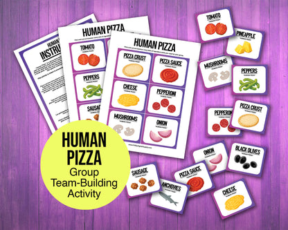 A printable team-building activity and group icebreaker game called Human Pizza that includes an instructions sheet and pizza ingredient cards that can be cut out. The printable sheets are downloadable PDF files.