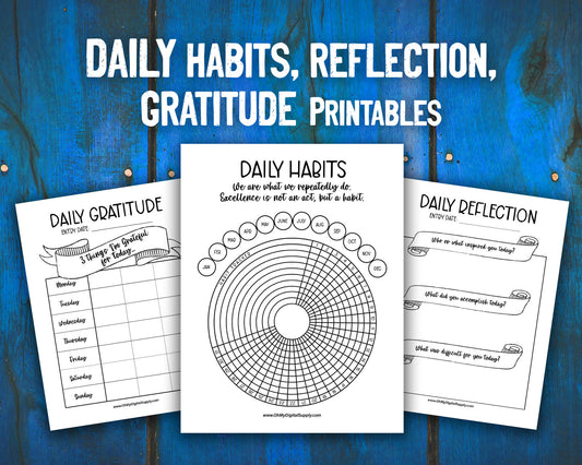 Habit Tracker, Daily Gratitude Chart, and Reflection Prompts Printables for Wellness Journaling