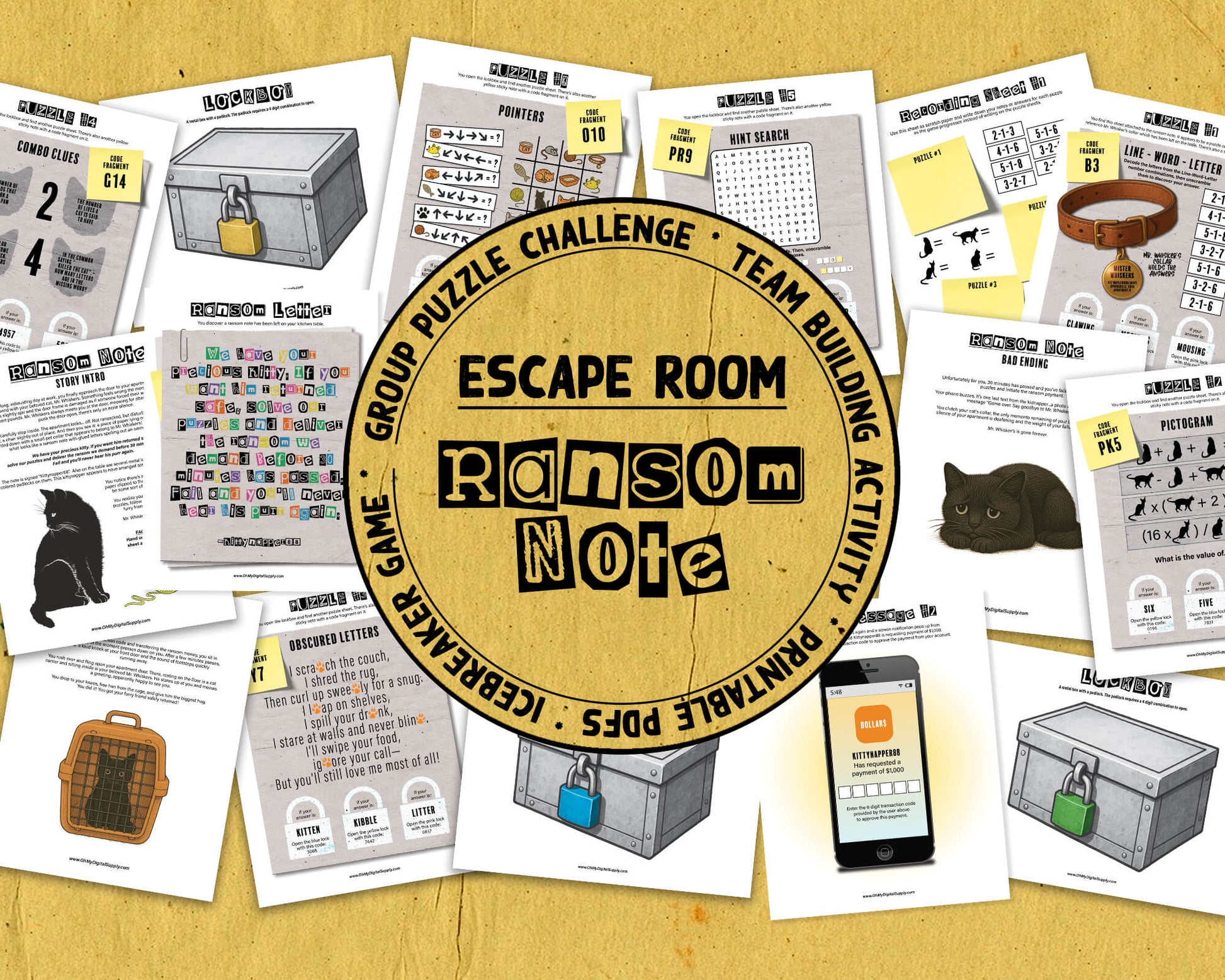 Ransom Note Printable Escape Room Game, team-building activity, group puzzle challenge, and icebreaker game in the form of printable PDFs.