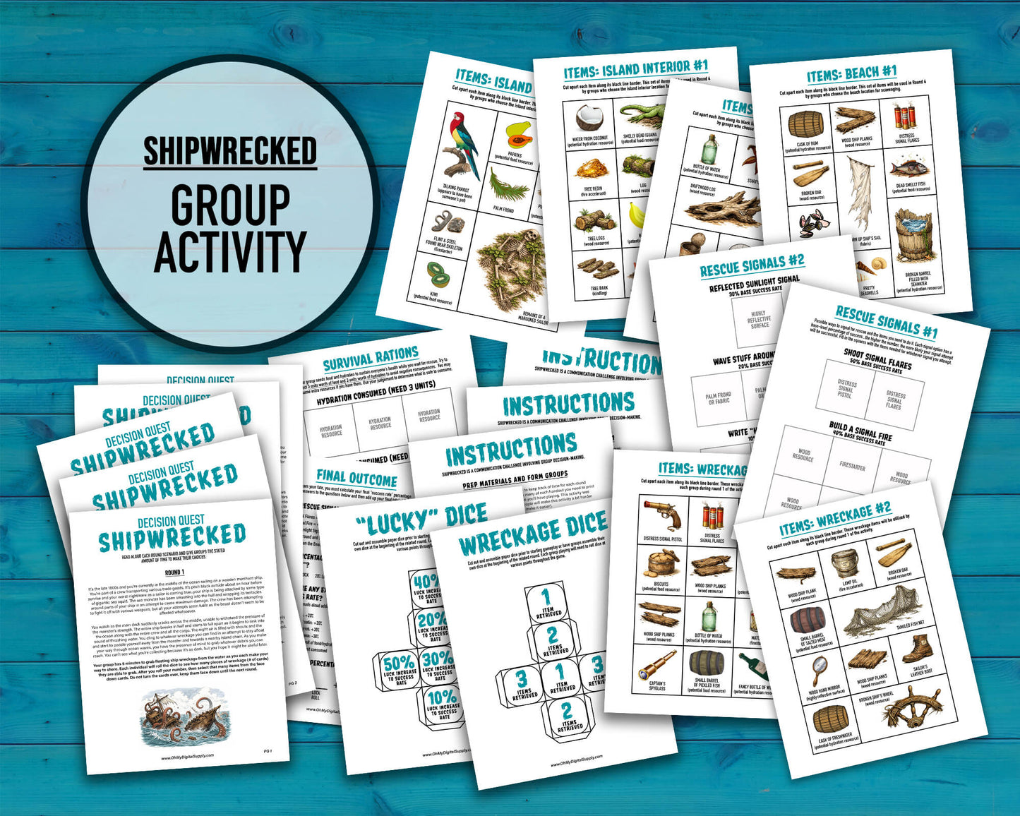 Shipwrecked printable group team building activity and icebreaker game in the form of downloadable PDF files.