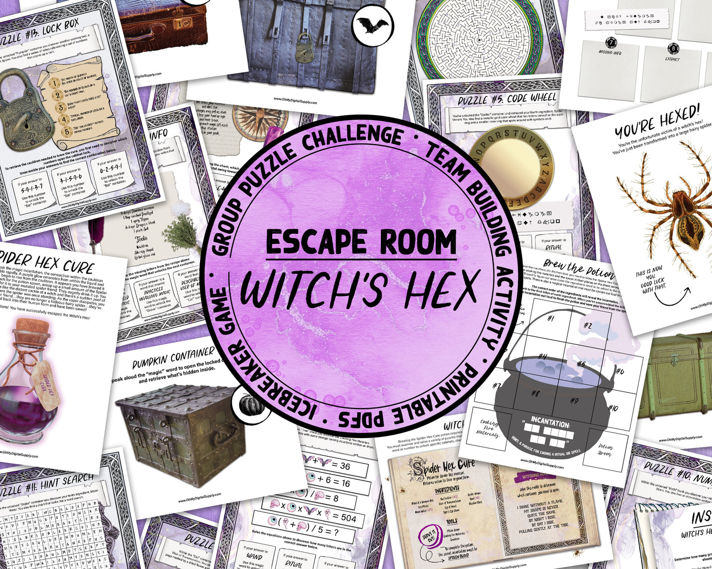 A printable group escape room game called Witch&#39;s Hex. This supernatural themed team building activity involves 13 puzzles and a final incantation that must be solved in order to save your friend from a witch's hex.