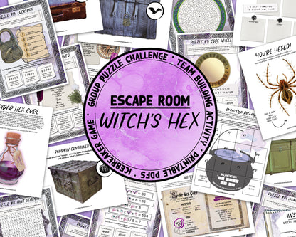 A printable group escape room game called Witch&#39;s Hex. This supernatural themed team building activity involves 13 puzzles and a final incantation that must be solved in order to save your friend from a witch's hex.