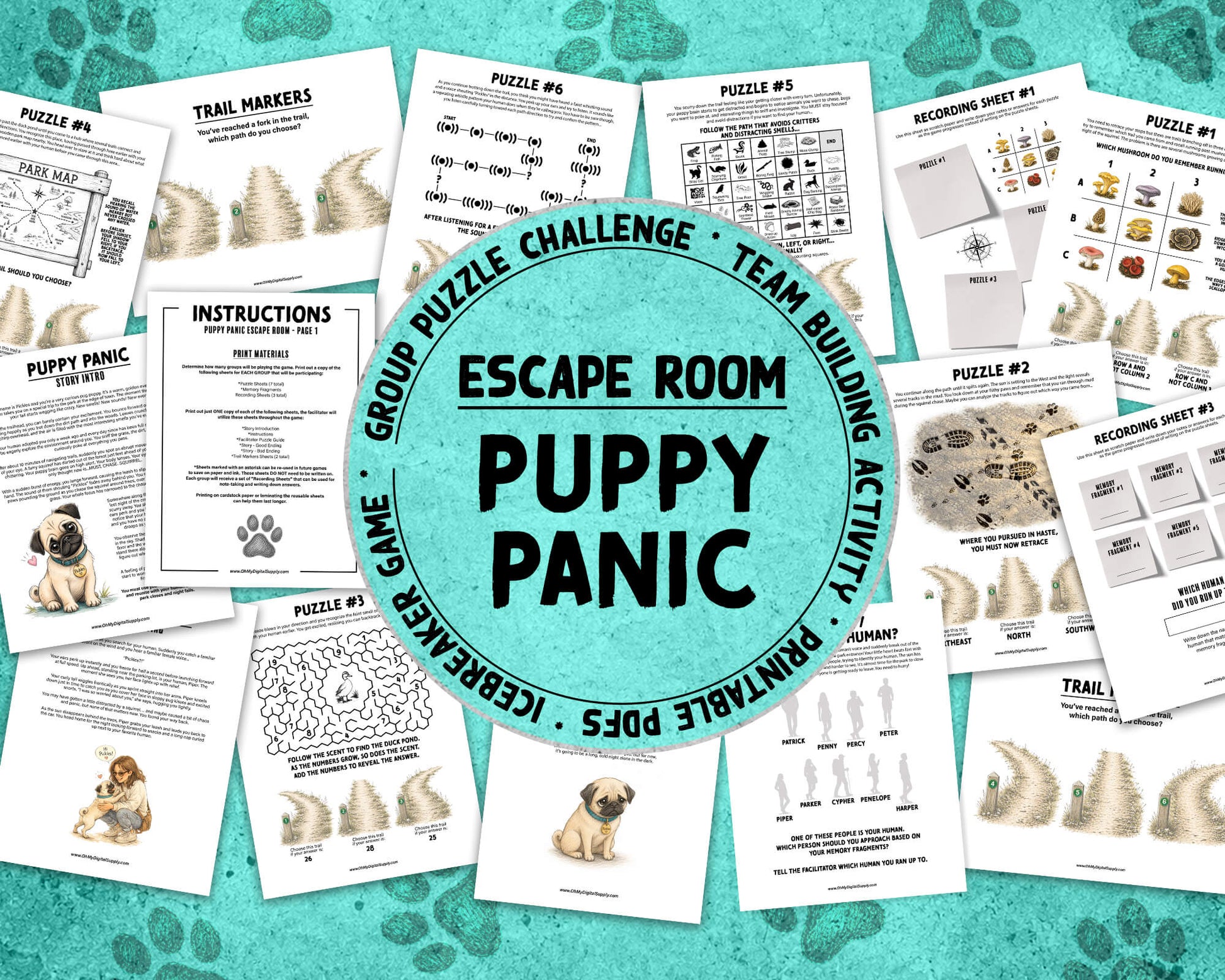 Puppy Panic is a printable Escape Room puzzle game for small groups! Great as a team building activity or icebreaker game. Players must solve 7 puzzles within a 30 minute time limit. This pug themed game includes an intro story as well as good and bad story endings.