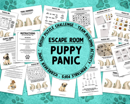 Puppy Panic is a printable Escape Room puzzle game for small groups! Great as a team building activity or icebreaker game. Players must solve 7 puzzles within a 30 minute time limit. This pug themed game includes an intro story as well as good and bad story endings.