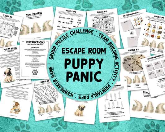 Puppy Panic is a printable Escape Room puzzle game for small groups! Great as a team building activity or icebreaker game. Players must solve 7 puzzles within a 30 minute time limit. This pug themed game includes an intro story as well as good and bad story endings.