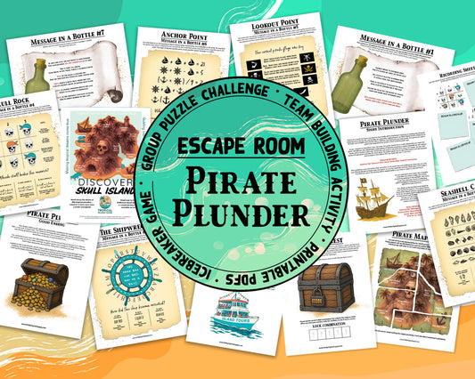 A printable group escape room game called Pirate Plunder. This tropical island themed team building activity involves 7 puzzles with a final lock combination that must be solved in order to unlock the pirate treasure.
