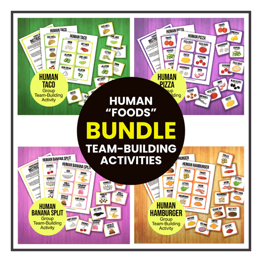 A bundle of printable team-building activities called Human Taco, Human Hamburger, Human Pizza, and Human Banana Split. Each group icebreaker game includes an instructions sheet and ingredient cards that can be cut out. The printable sheets are downloadable PDF files.