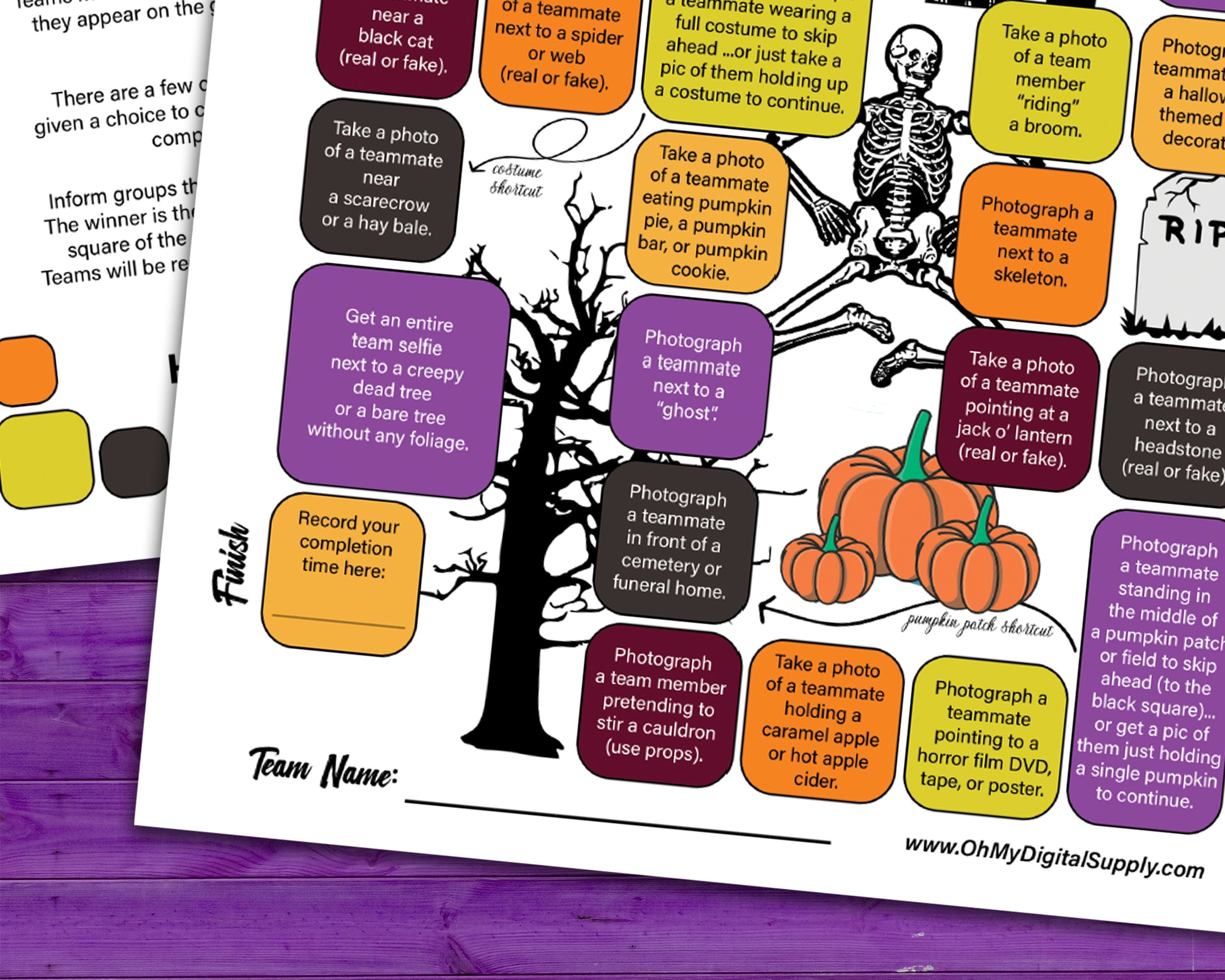 A printable team scavenger hunt activity called Around Town Halloween Team Scavenger Hunt. The worksheet looks like a game board where each square has a task you need to complete in order to advance. All tasks are Halloween themed.