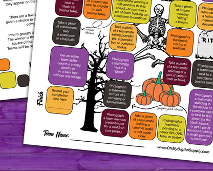 A printable team scavenger hunt activity called Around Town Halloween Team Scavenger Hunt. The worksheet looks like a game board where each square has a task you need to complete in order to advance. All tasks are Halloween themed.